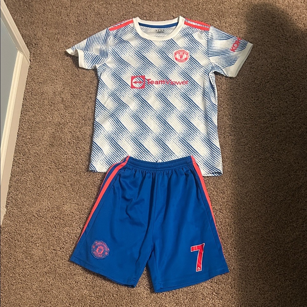 Manchester United Ronaldo Blue and White Soccer Jersey Set
